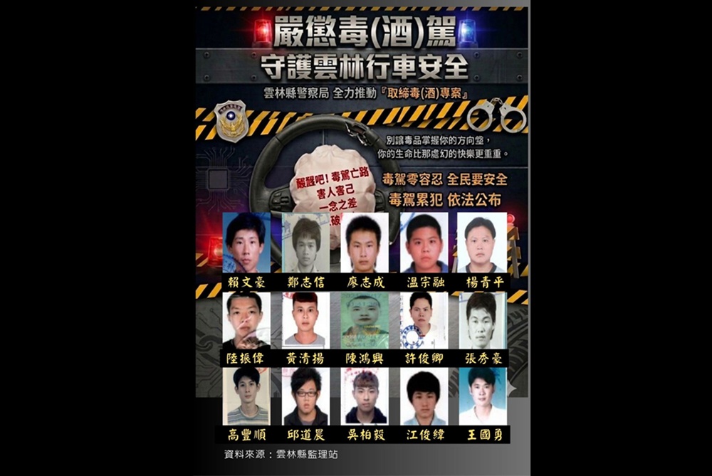 今年到5月底毒駕210件　雲林縣警公布毒酒駕累犯姓名相片