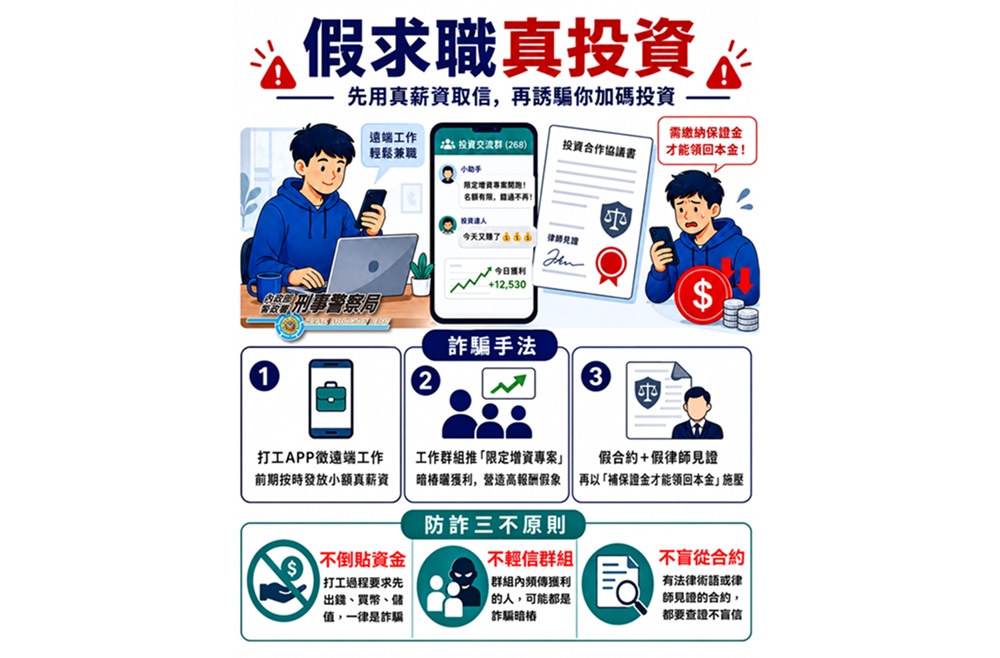 線上打工是投資坑　真薪資當誘餌求職反被騙走50萬元