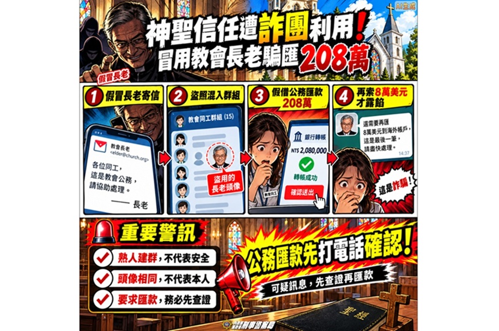 冒用教會負責人騙匯208萬元　警提醒別輕易信line要求證本人